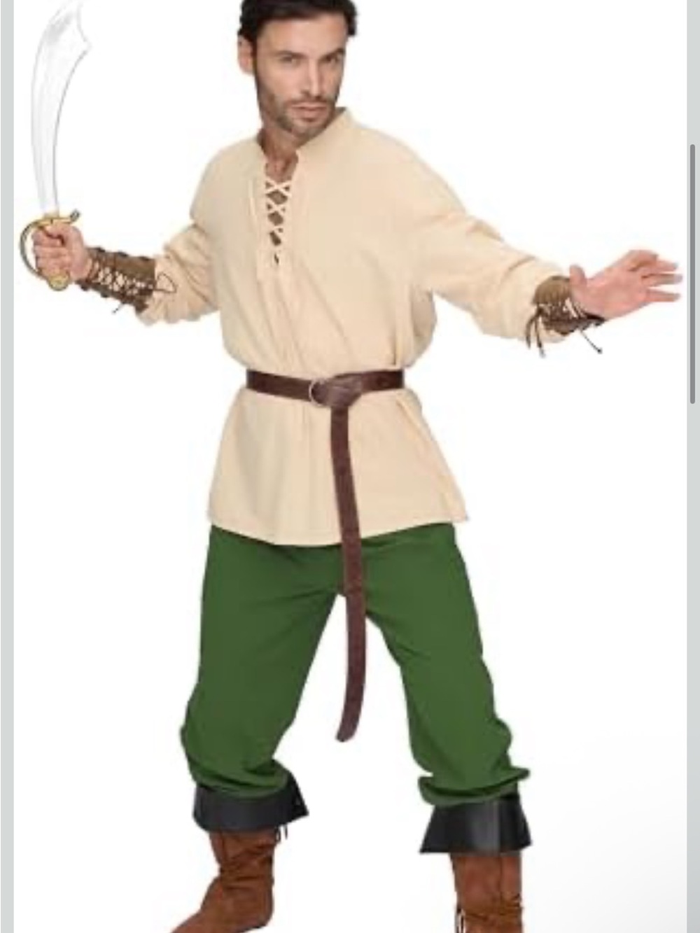 Classic Beige and Green Pirate Tunic Costume with Brown Belt